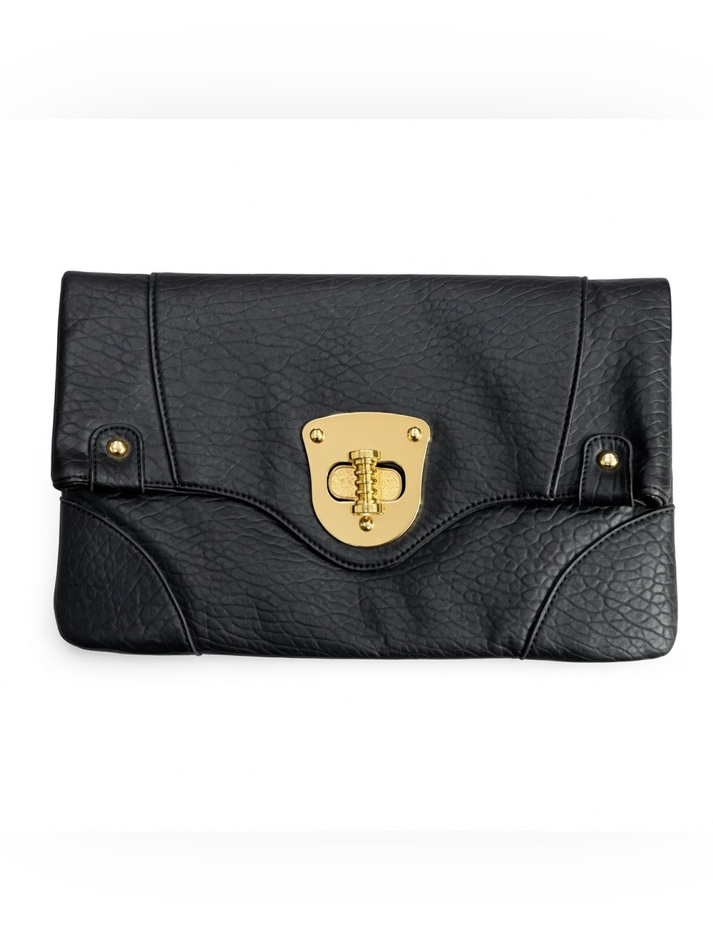 Nila Anthony Black Leather Fold-Over Clutch with Gold Lock